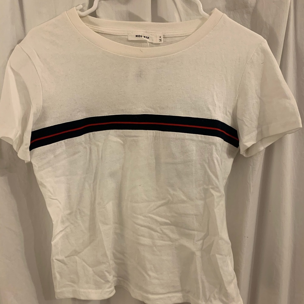 boutique navy and red stripe tee